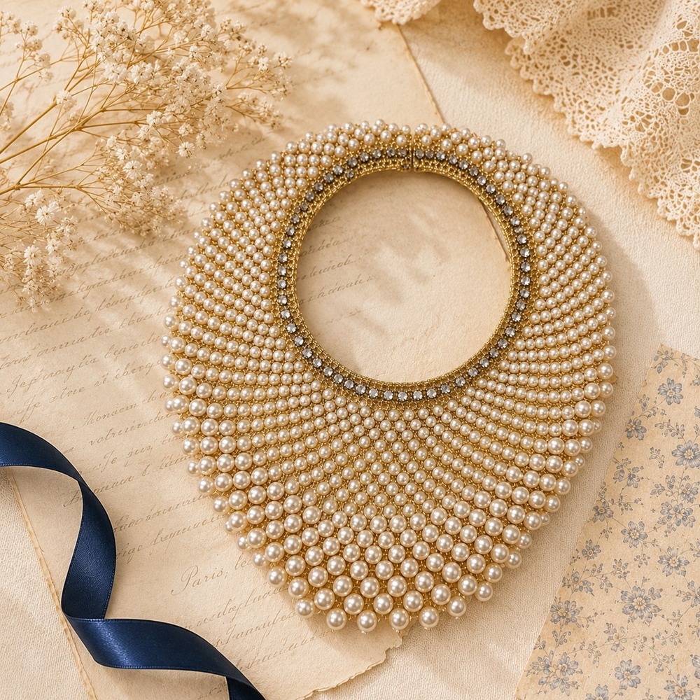 Vintage Faux Pearl Bib Necklace Rhinestone Collar Statement Bridal Formal OS